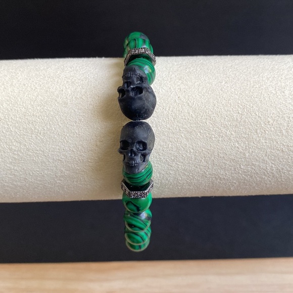 Malachite Skull Bracelet with Micro Pave CZ Hex Beads - Picture 2 of 4